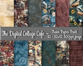 Zug Nahtloses Digital Paper Pack, Zug Station Stoff Digital Design, Reise Junk Journal Papier - DPP180 - 12-12x12in300ppiJPEG
