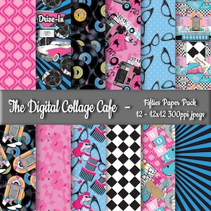 May include: A digital paper pack with 12 different patterns in a 12x12 inch size. The patterns include a drive-in, poodle, bowling, and jukebox. The colors are pink, blue, black, and white.