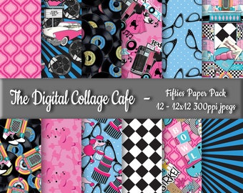 May include: A digital paper pack with 12 different patterns in a 12x12 inch size. The patterns include a drive-in, poodle, bowling, and jukebox. The colors are pink, blue, black, and white.