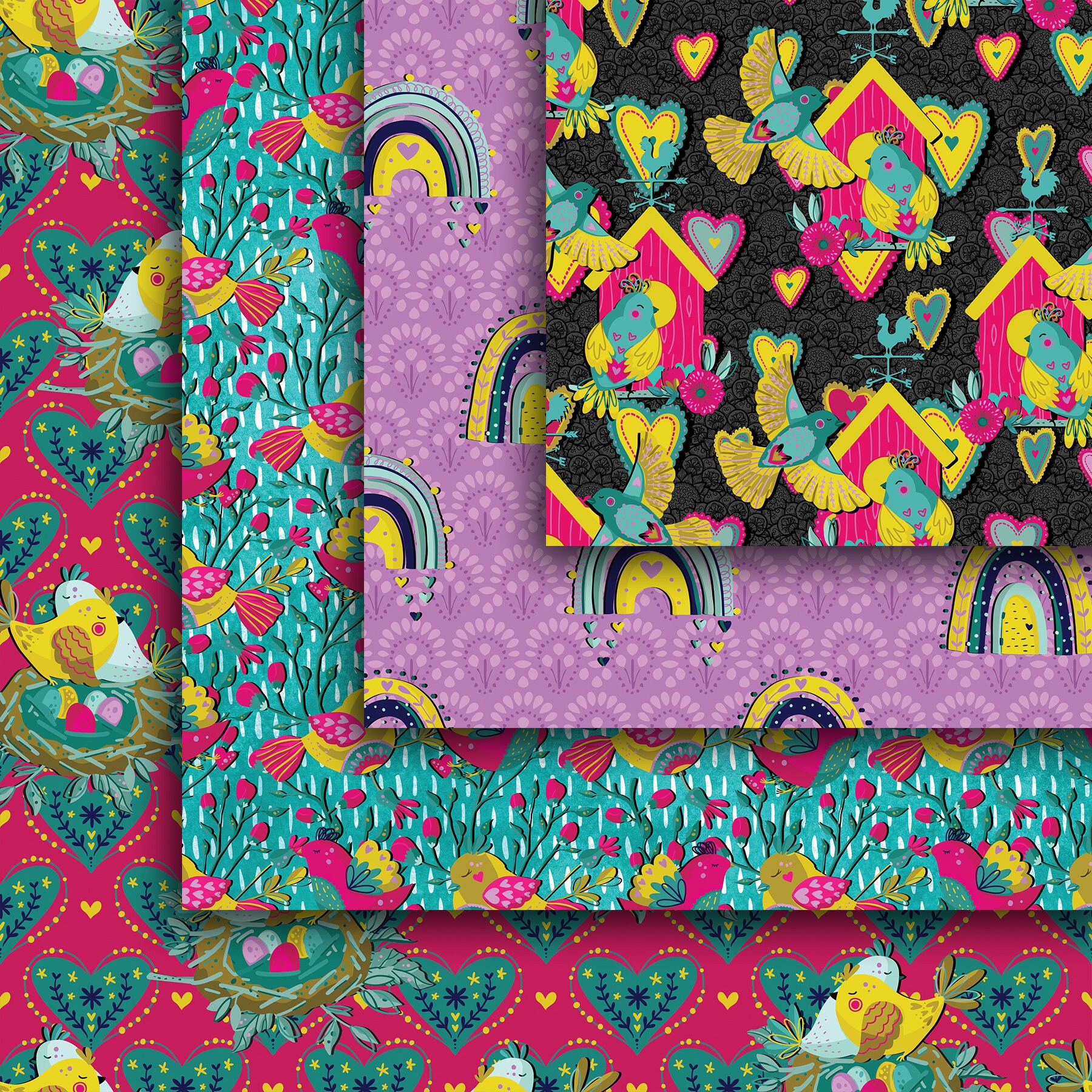Love Birds Seamless Digital Paper Pack, Folk Art Birds Seamless Pattern ...