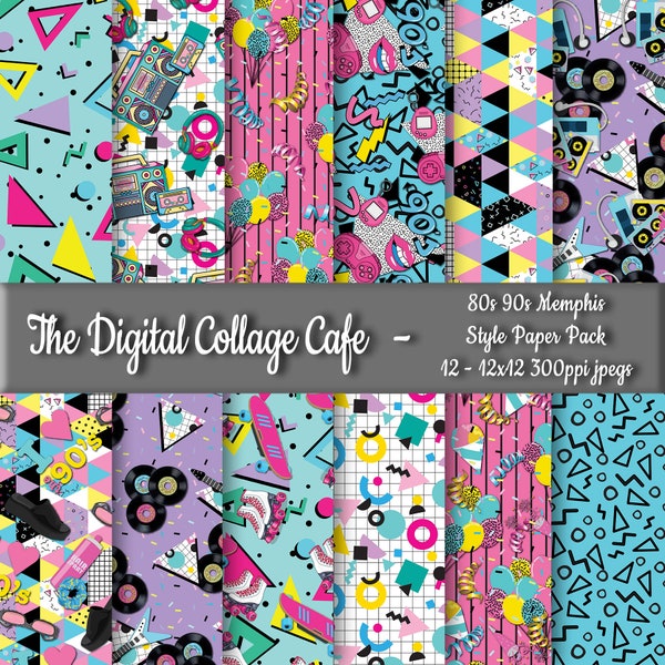 80s 90s Memphis Style Seamless Digital Paper Pack, 80s Party Digital Pattern, 90s Skate Party Scrapbook Paper -DPP112 -12-12x12in 300ppiJPEG