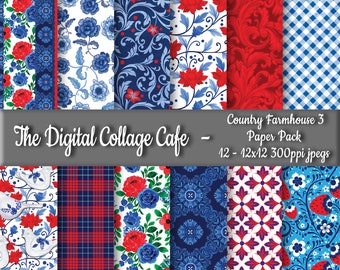 Country Farmhouse 3 Seamless Digital Paper Pack, Blue China Digital Pattern, Red & Blue Floral Fabric Design -DPP143 -12 - 12x12in300ppiJPEG