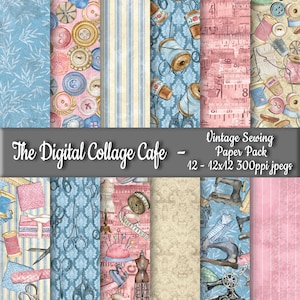Puede incluir: Un paquete de papel digital con 12 diseños de temática de costura vintage. Los diseños presentan botones, carretes de hilo, máquinas de coser, tijeras y cinta métrica. Los papeles miden 30,5 cm por 30,5 cm y 300 píxeles por pulgada.