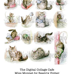 Könnte beinhalten: Ein Set mit 12 Vintage-Illustrationen, die eine braune Tabby-Katze und eine graue Maus zeigen. Die Katze trägt eine blau-weiß gestreifte Haube und die Maus trägt ein grün-weiß gestreiftes Hemd. Die Illustrationen sind im Aquarellstil gehalten und zeigen die Katze und die Maus in verschiedenen spielerischen und schelmischen Szenen.