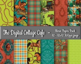 Horse Seamless Digital Paper Pack, Western Seamless Digital Paper Pack, Cowboy Seamless Scrapbook Paper - DPP037 - 12 - 12x12in 300ppi JPEGs