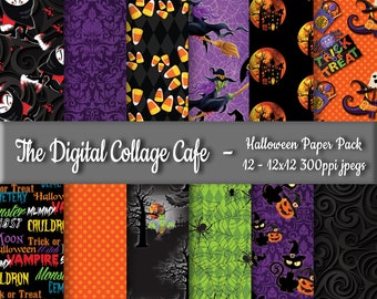 Halloween Seamless Digital Paper Pack, Pumpkin Paper Pack, Witch Paper Pack, Vampire Paper Pack - DPP014 - 12 - 12x12in 300ppi JPEGs