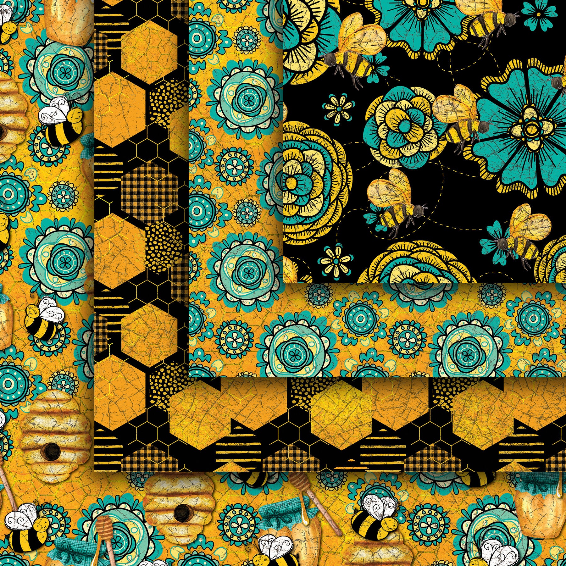 Bees Seamless Digital Paper Pack, Honeycomb Digital Pattern, Bumble Bee ...