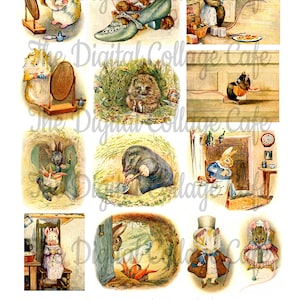 Könnte beinhalten: Eine Sammlung von neun Illustrationen aus Beatrix Potters "Appley Dapply's Nursery Rhymes". Die Illustrationen zeigen verschiedene Tiere, darunter ein Igel, ein Kaninchen, ein Maulwurf, ein Meerschweinchen und eine Maus, die verschiedene Aktivitäten ausführen.