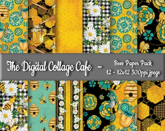Bees Seamless Digital Paper Pack, Honeycomb Digital Pattern, Bumble Bee Honey Bee Fabric Digital Design Pattern -DPP156-12-12x12in300ppiJPEG