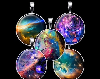 May include: Five silver pendants with round glass inserts featuring colourful images of nebulae. The pendants are perfect for adding a touch of space to any outfit.