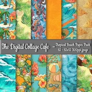 Tropical Beach Digital Paper Pack, Island Digital Paper Pack, Surfboard Paper Pack, Floral Paper Pack - DPP043 - 12 - 12x12in 300ppi JPEGs
