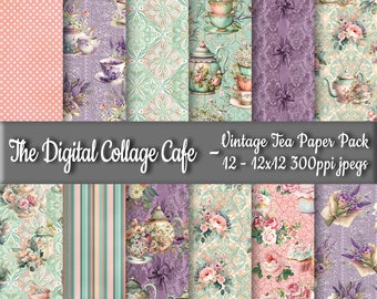 Vintage Tea Cup Seamless Digital Paper Pack, Victorian Tea Pot Fabric Digital Design, Tea Junk Journal Paper - DPP175 - 12-12x12in300ppiJPEG