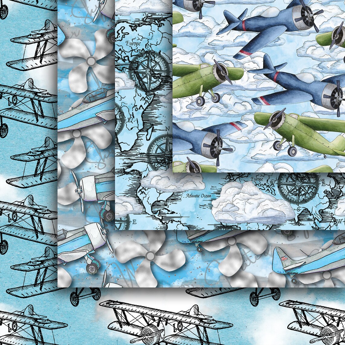 Airplane Seamless Digital Paper Pack, Pilot Digital Paper Pack ...