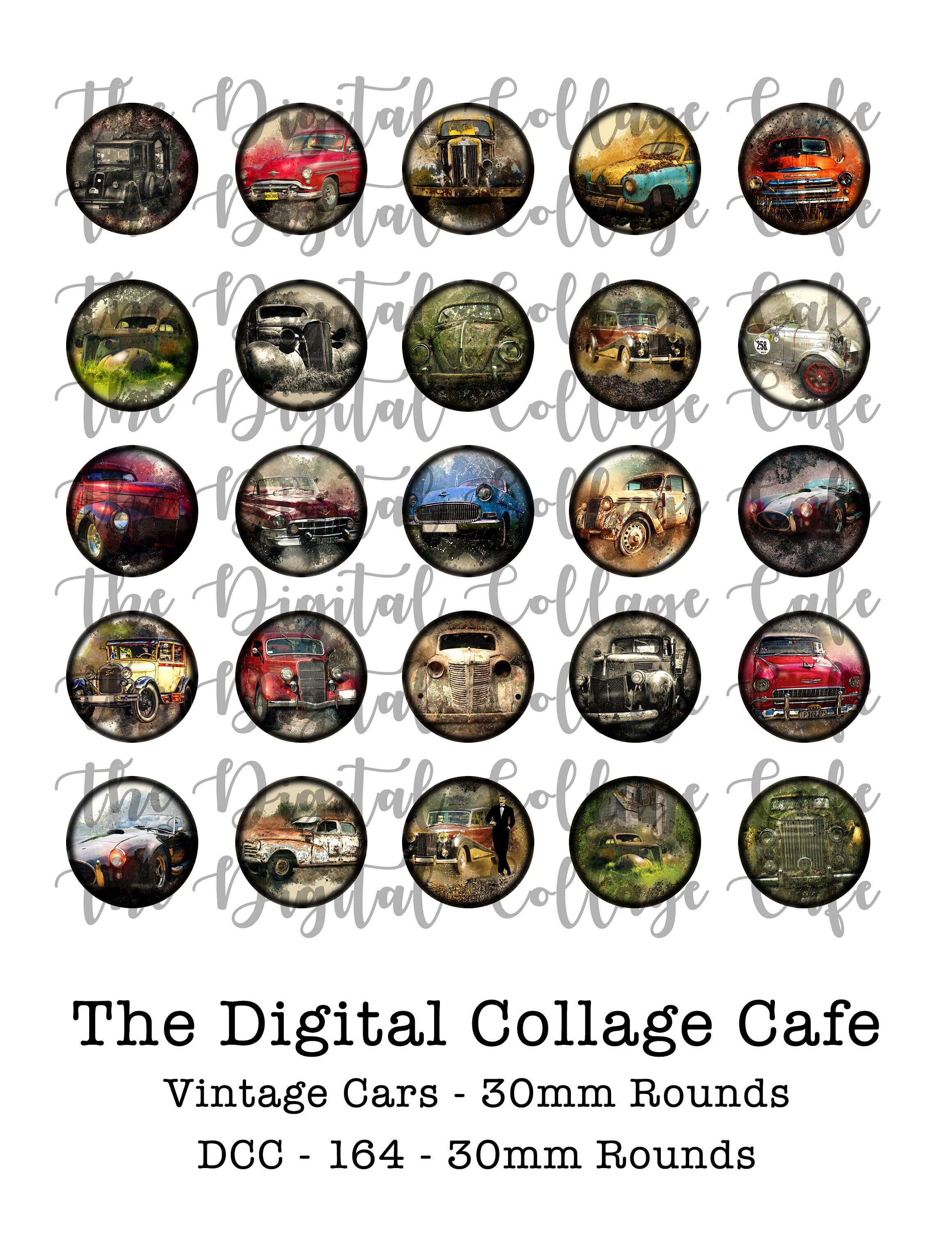 Vintage Car Digital Collage Sheet, Retro Cars Bottle Cap Collage ...
