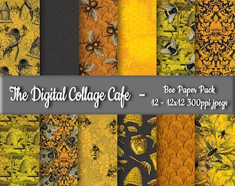 Paquete de papel digital sin costuras de abejas, papel digital de abejorro, papel vintage de abejas para álbumes de recortes, paquete de papel de insectos -DPP078- 12 x 12 pulgadas, JPEG de 300 ppp