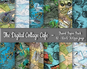 Travel Seamless Digital Paper Pack, Adventure Digital Paper, Wanderlust Paper, Hiking and Flight Papers - DPP069 - 12 - 12x12in 300ppi JPEGs
