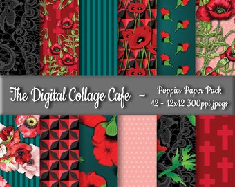 Poppy Digital Paper Pack, Remembrance Day Digital Paper Pack, Floral/Flower Paper Pack, Poppies Papers - DPP039 - 12 - 12x12in 300ppi JPEGs