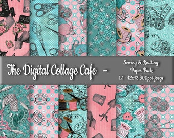 Sewing Seamless Digital Paper Pack, Knitting Digital Paper, Seamstress Paper, Sewing Scrapbook Paper - DPP073- 12 - 12x12in 300ppi JPEGs