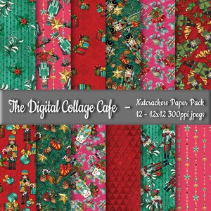 May include: A digital paper pack with 12 Christmas themed patterns featuring nutcrackers, ornaments, candy canes, and stars. The patterns are in shades of red, green, pink, and gold. The text "Nutcrackers Paper Pack 12 - 12x12 300ppi jpegs" is at the bottom of the image.