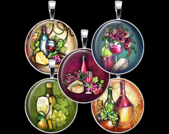 May include: Six round glass pendants with silver frames featuring colorful images of wine bottles, grapes, cheese, and glasses of wine.