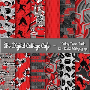 以下が含まれることがあります： ホッケーをテーマにした12のデザインを含むデジタルペーパーパック。デザインには、赤、黒、グレーの色と、ホッケーの用具、選手、そして「ホッケー」、「ギア」、「スコア」などの言葉が描かれています。