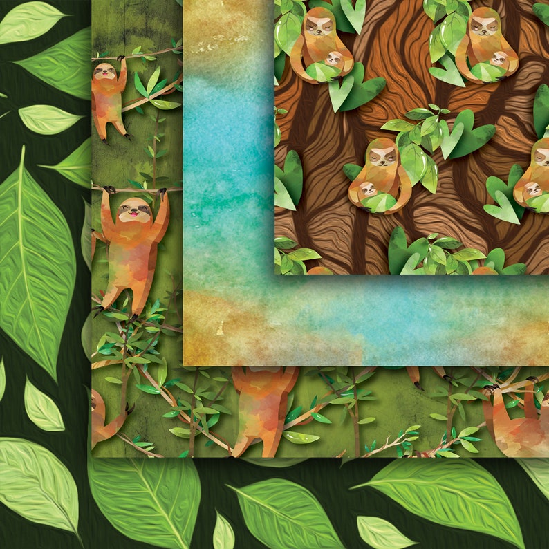 Sloth Digital Paper Sloth Seamless Paper Pack, Sloth Seamless Digital Paper Pack, Jungle ...