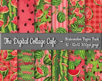 Watermelon Seamless Digital Paper Pack, Fruit Digital Paper, Watermelon Scrapbook Paper, Picnic Paper - DPP076 - 12 - 12x12in 300ppi JPEGs