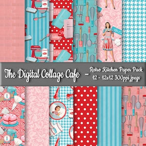 Retro Kitchen Seamless Digital Paper Pack, papier kuchenny do scrapbookingu, papier do gotowania, papier do pieczenia -DPP011- 12 - 12 x 12 cali 300ppi JPEG