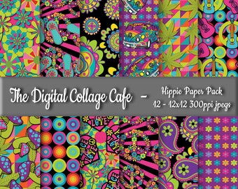 Hippie Seamless Digital Paper Pack, Flower Power Digital Paper, Peace Sign Paper, 70s Papers - DPP071 - 12 - 12x12in 300ppi JPEGs