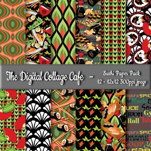 May include: A digital paper pack with 12 different designs featuring sushi, chopsticks, soy sauce, and other Japanese-inspired elements. The designs are in a variety of colors, including red, green, black, and white. The paper pack is 12x12 inches and 300ppi.
