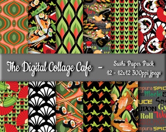 Sushi Seamless Digital Paper Pack, Japanese Digital Paper Pack, Asian Paper Pack, Origami Paper Pack - DPP007 - 12 - 12x12in 300ppi JPEGs