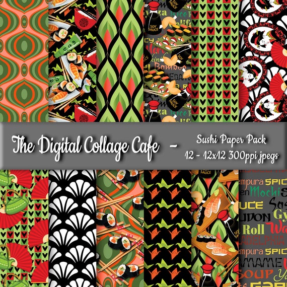 Sushi Seamless Digital Paper Pack, Japanese Digital Paper Pack, Asian Paper Pack, Origami Paper Pack - DPP007 - 12 - 12x12in 300ppi JPEGs