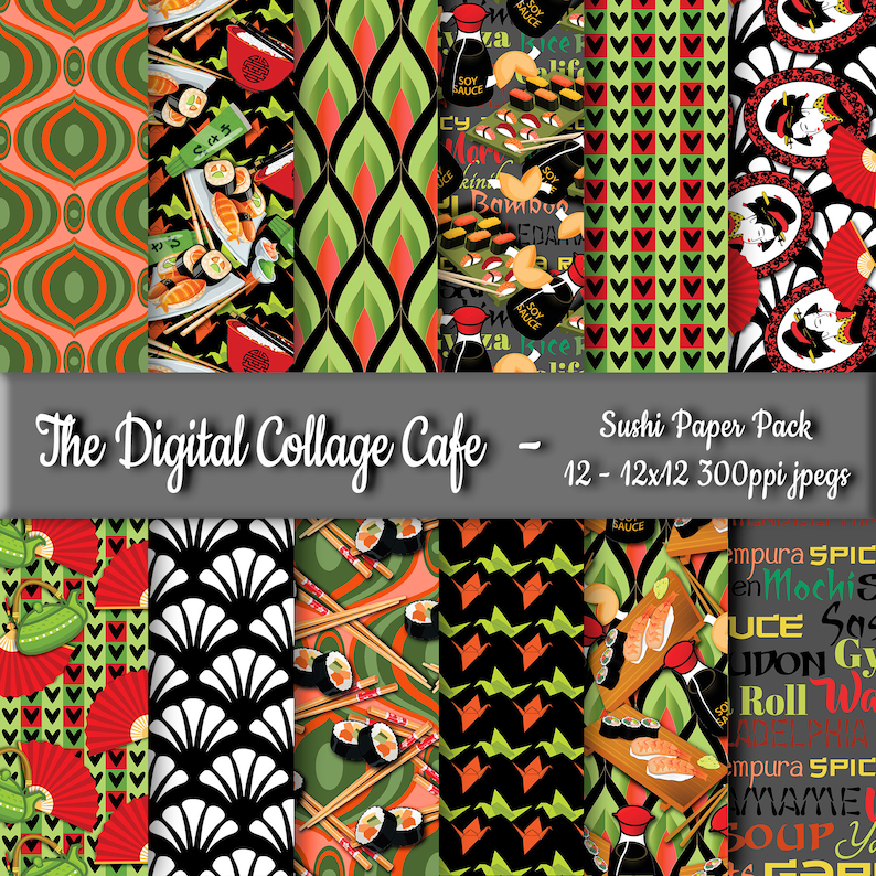 May include: A digital paper pack with 12 different designs featuring sushi, chopsticks, soy sauce, and other Japanese-inspired elements. The designs are in a variety of colors, including red, green, black, and white. The paper pack is 12x12 inches and 300ppi.