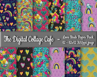 Love Birds Seamless Digital Paper Pack, Folk Art Birds Seamless Pattern, Rainbows Digital Design, Heart Paper -DPP138 -12-12x12in300ppiJPEG