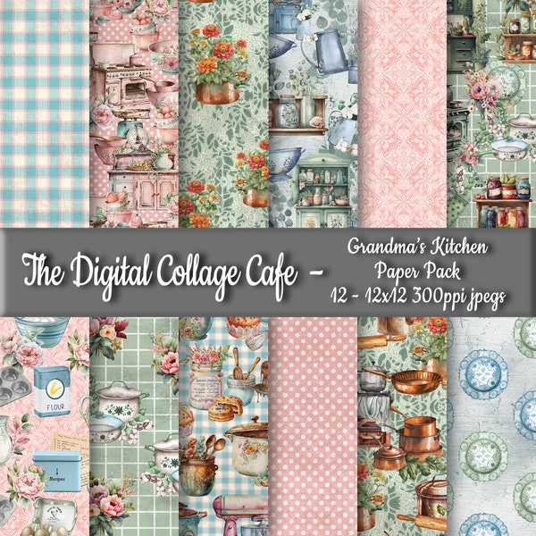 Grandma's Kitchen Seamless Digital Paper Pack, Baking Fabric Digital Design, Cooking Junk Journal Paper - DPP181 - 12-12x12in300ppiJPEG