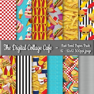 Fast Food Seamless Digital Paper Pack, Burger Digital Paper Pack, Junk Food Paper Pack, French Fry Papers -DPP040- 12 - 12x12in 300ppi JPEGs