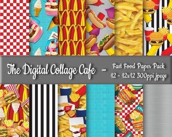 Fast Food Seamless Digital Paper Pack, Burger Digital Paper Pack, Junk Food Paper Pack, French Fry-Papier -DPP040- 12 - 12 x 12 in 300ppi JPEGs