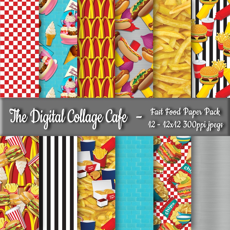 Peut inclure: Un pack de papier num&eacute;rique avec 12 motifs sur le th&egrave;me de la restauration rapide. Les motifs comprennent des frites, des hot-dogs, des hamburgers, des milk-shakes et des motifs &agrave; carreaux. Le pack de papier mesure 12 pouces par 12 pouces et 300 pixels par pouce.