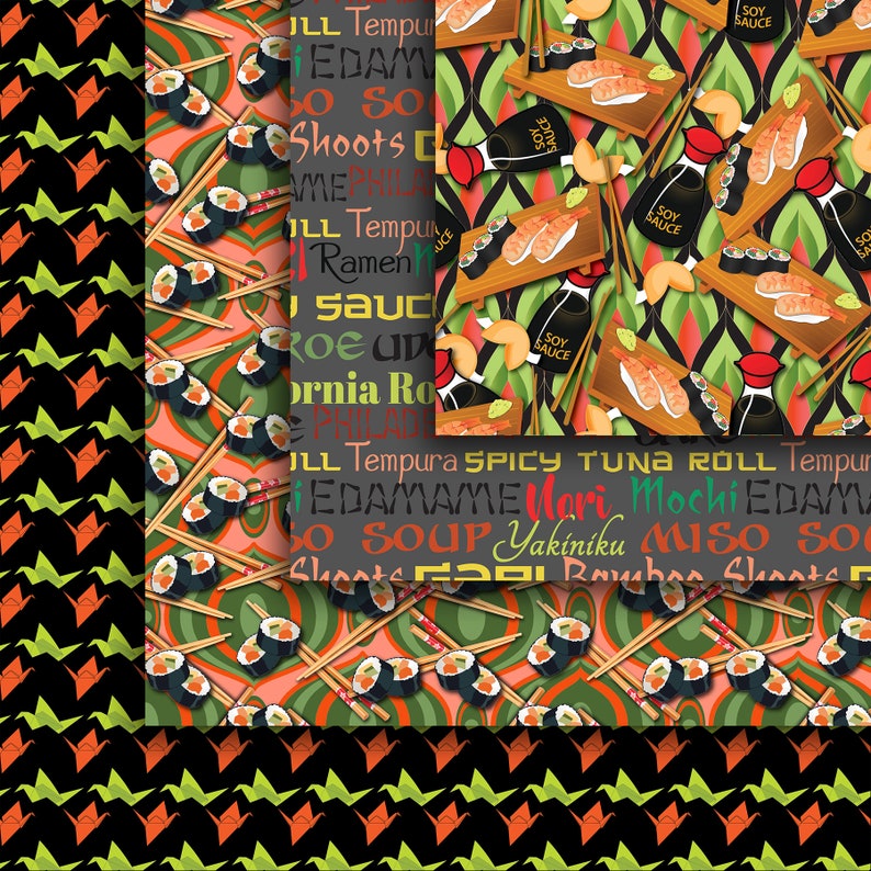May include: A digital collage of sushi rolls, chopsticks, soy sauce bottles, and green leaves. The background is a black and white pattern of origami cranes. The text "ILL Tempura SPICY TUNA ROLL Tempura EDAMAME Mari Mochi EDAMAME BO SOUP Yakiniku MISO SO Shoots EBI Bamboo Shoots EBI" is printed on the collage.