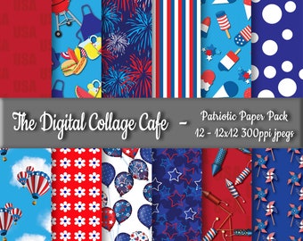 Patriotic Seamless Digital Paper Pack, Fourth of July Scrapbook Paper, America Paper Pack, USA Paper Pack -DPP009 -12 - 12x12in 300ppi JPEGs