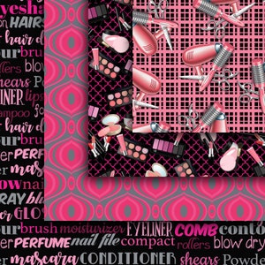 Puede incluir: Un collage digital de patrones rosas y negros con herramientas de maquillaje y peinado. Los patrones incluyen una cuadr&iacute;cula de cuadrados rosas y negros, un fondo negro con herramientas de maquillaje rosas y blancas, y un fondo gris con texto rosa y blanco. El texto incluye las palabras "pelo", "maquillaje", "eyeliner", "peine", "acondicionador", "tijeras" y "polvo".