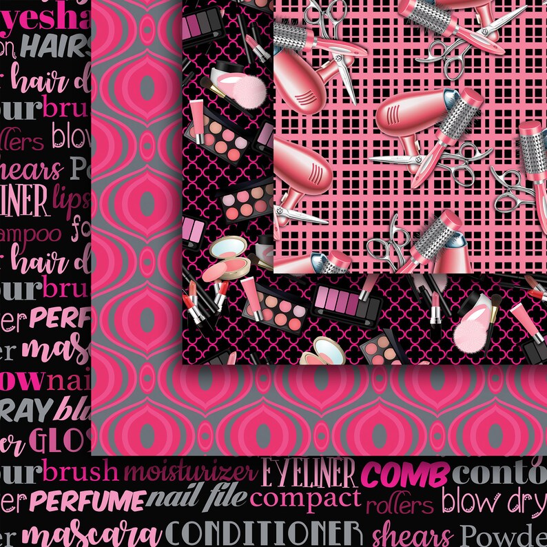 Puede incluir: Un collage digital de patrones rosas y negros con herramientas de maquillaje y peinado. Los patrones incluyen una cuadr&iacute;cula de cuadrados rosas y negros, un fondo negro con herramientas de maquillaje rosas y blancas, y un fondo gris con texto rosa y blanco. El texto incluye las palabras "pelo", "maquillaje", "eyeliner", "peine", "acondicionador", "tijeras" y "polvo".