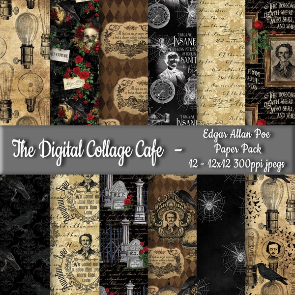 Edgar Allan Poe Seamless Digital Paper Pack, The Raven Digital Pattern, Annabel Lee Fabric Digital Design - DPP158 - 12-12x12in300ppiJPEG