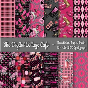 Puede incluir: Un conjunto de 12 dise&ntilde;os de papel digital con un esquema de color rosa y negro con varios patrones tem&aacute;ticos de belleza y maquillaje. Los patrones incluyen labios, botellas de esmalte de u&ntilde;as, pinceles de maquillaje y peines. El texto "Beautician Paper Pack" est&aacute; incluido en la imagen.