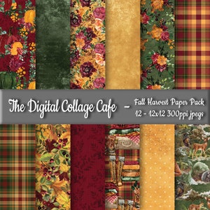 Puede incluir: Un paquete de papel digital con 12 diseños de temática otoñal. Los diseños incluyen cuadros, flores y escenas de la naturaleza en tonos rojos, verdes, amarillos y marrones. El texto "The Digital Collage Cafe - Fall Harvest Paper Pack 12 - 12x12 300ppi jpgs" está en la parte superior de la imagen.