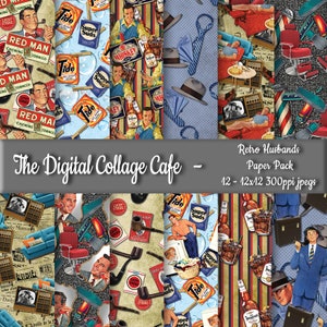 Può includere: Un pacchetto di carta digitale con 12 disegni in stile retrò che presentano uomini, prodotti vintage e motivi. I disegni sono in stile collage e includono immagini di uomini che fumano la pipa, bevono whisky e usano prodotti per la casa. Il testo "Retro Husbands Paper Pack" è incluso nell'immagine.