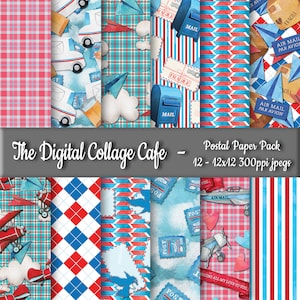 Postal and Postage Seamless Digital Paper Pack, Mail Digital Paper Pack, Airmail Digital Scrapbook Paper -DPP061 - 12 - 12x12in 300ppi JPEGs