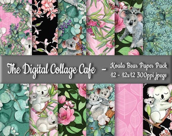 Koala Bear Seamless Digital Paper Pack, Eucalyptus Digital Paper Pack, Koala Digital Scrapbook Paper -DPP059 - 12 - 12x12in 300ppi JPEGs