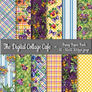 Pansy Seamless Digital Paper Pack, Flower Digital Pattern, Floral Pansy Plaid Digital Design - DPP165 - 12-12x12in300ppiJPEG