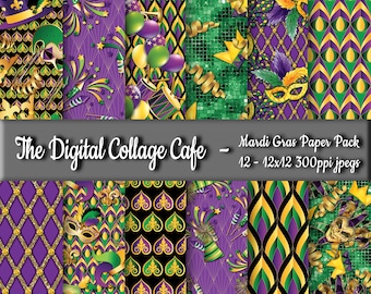 Mardi Gras Seamless Digital Paper Pack, Fat Tuesday Scrapbook Papers, New Orleans Scrapbook Papers -DPP066 - 12 - 12x12in 300ppi JPEGs